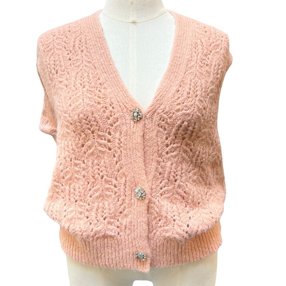 Zara Knit Peach Cable Knit Sweater Vest Cardigan Jewel Buttons Size M